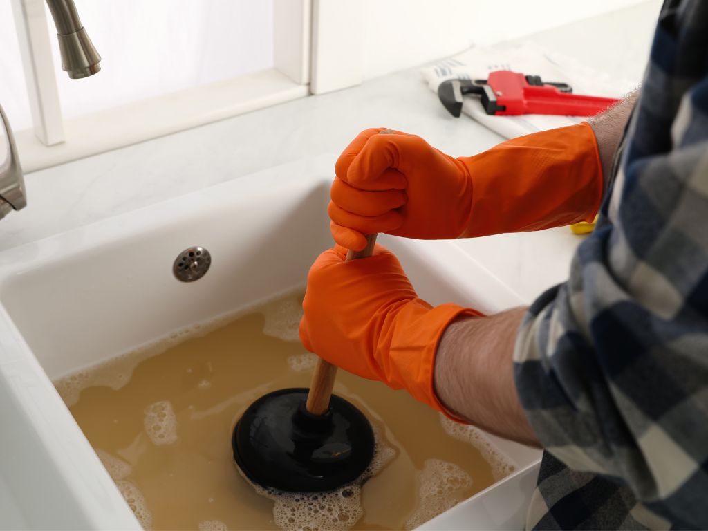 11 Common Types Of Plumbing Emergencies And How To Handle Them 2 Homeowner using plunger to fix clogged sink